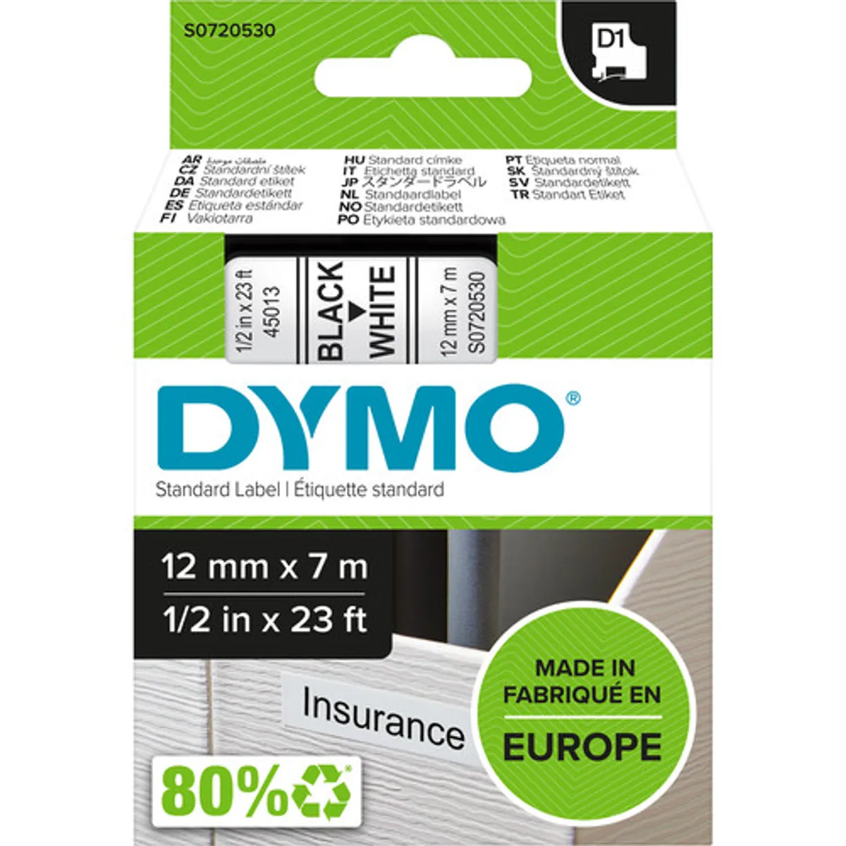 DYMO D1 12mm x 7m Zwart Wit Labels