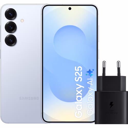 Samsung Galaxy S25 256GB Lichtblauw 5G + Samsung Oplader 25 Watt Zwart