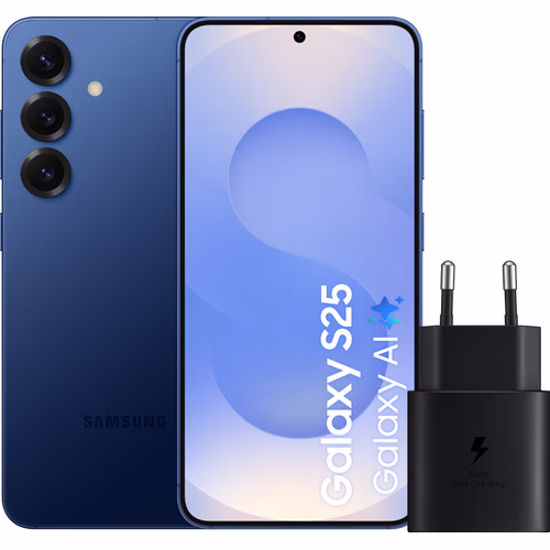 Samsung Galaxy S25 256GB Donkerblauw 5G + Samsung Oplader 25 Watt Zwart