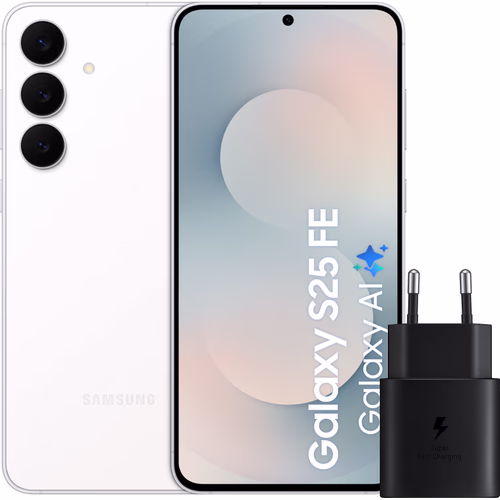 Samsung Galaxy S25 FE 128GB Wit 5G + Samsung Oplader 25 Watt Zwart