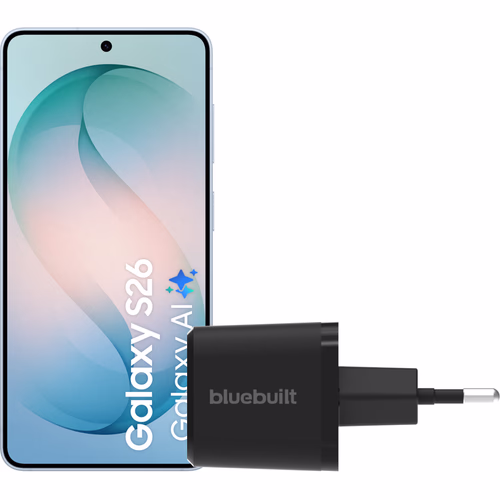 Samsung Galaxy S26 256GB Lichtblauw 5G + BlueBuilt Oplader 65 Watt Zwart