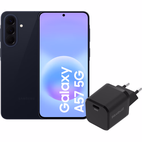 Samsung Galaxy A57 128GB Donkerblauw 5G + BlueBuilt Oplader met Usb C Poort 45W Zwart