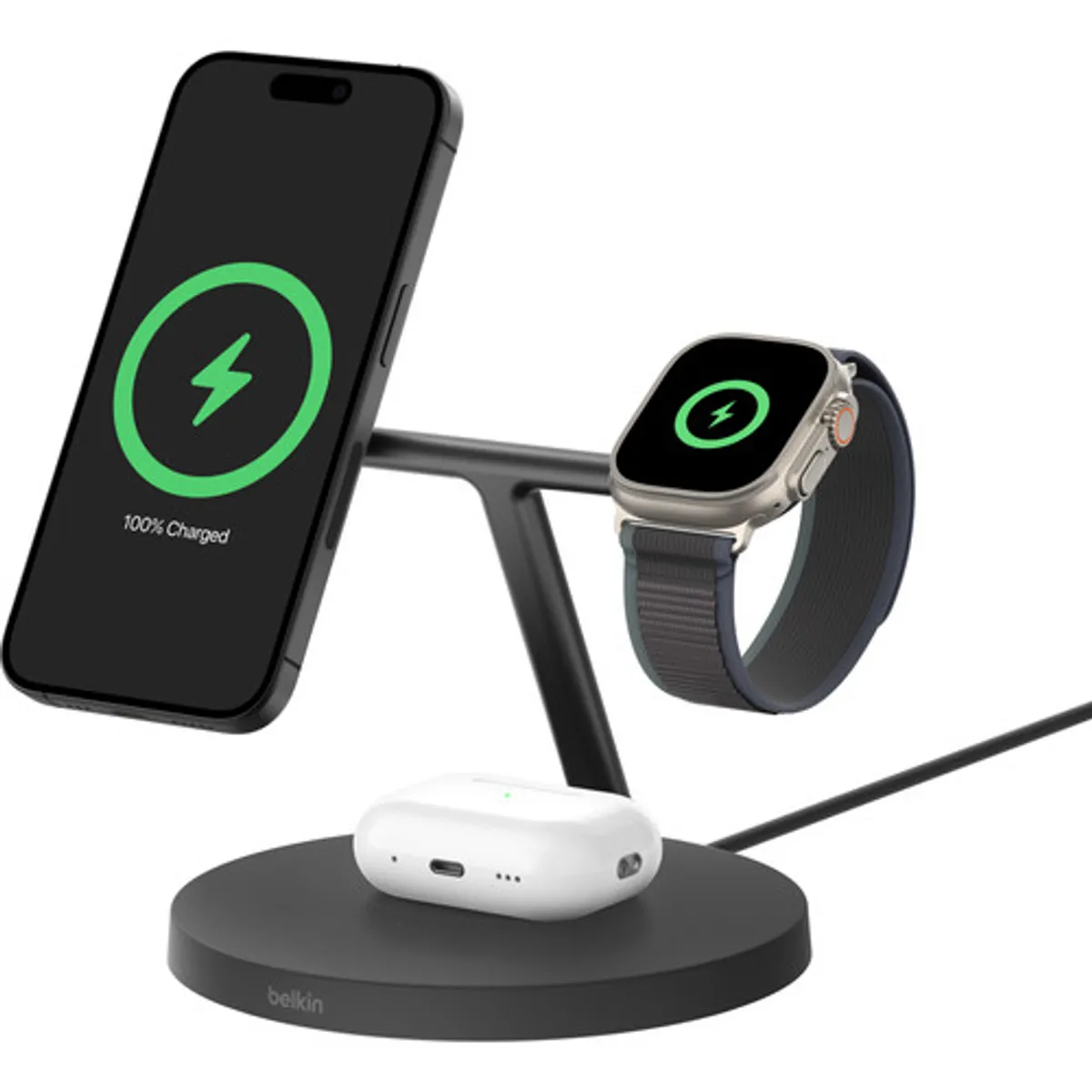 Belkin Boost Charge Pro MagSafe en Qi2 3-in-1 Draadloze Oplader 15W met Standaard Zwart