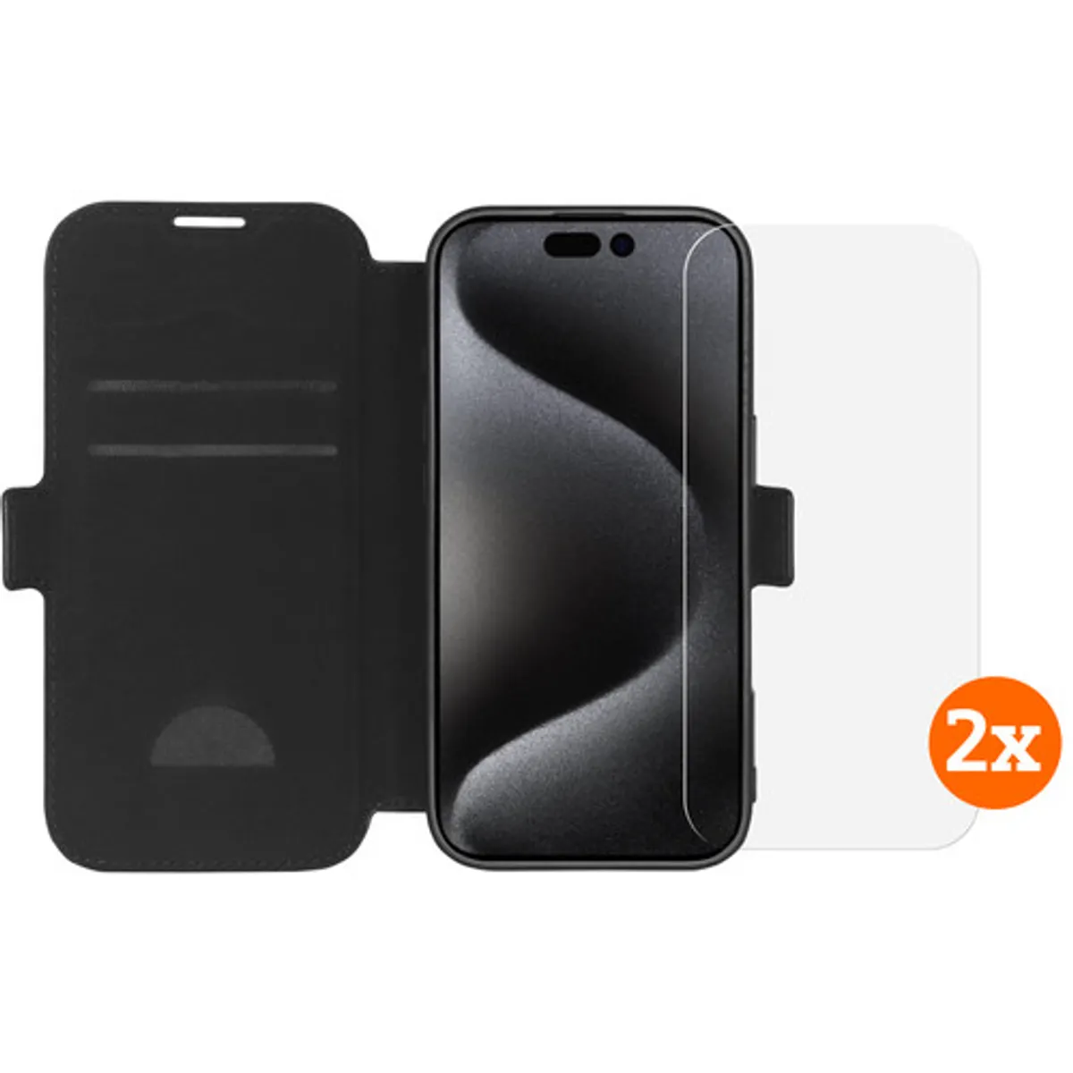 BlueBuilt Apple iPhone 16 Pro Book Case Leer Zwart + Screenprotector Glas Duo Pack