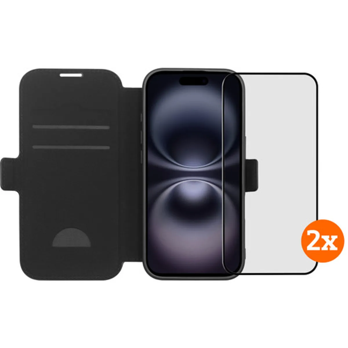 BlueBuilt Apple iPhone 17 Book Case Leer Zwart + Screenprotector Glas Duo Pack