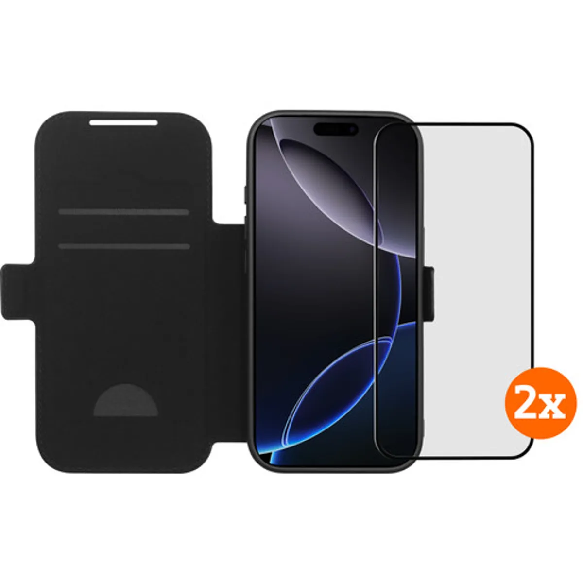 BlueBuilt Apple iPhone 17 Pro Book Case Leer Zwart + Screenprotector Glas Duo Pack