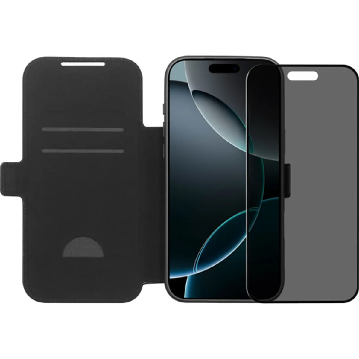 BlueBuilt Apple iPhone 17 Pro Max Book Case Leer Zwart + BlueBuilt iPhone 17 Pro Max Privacy Screenprotector Glas