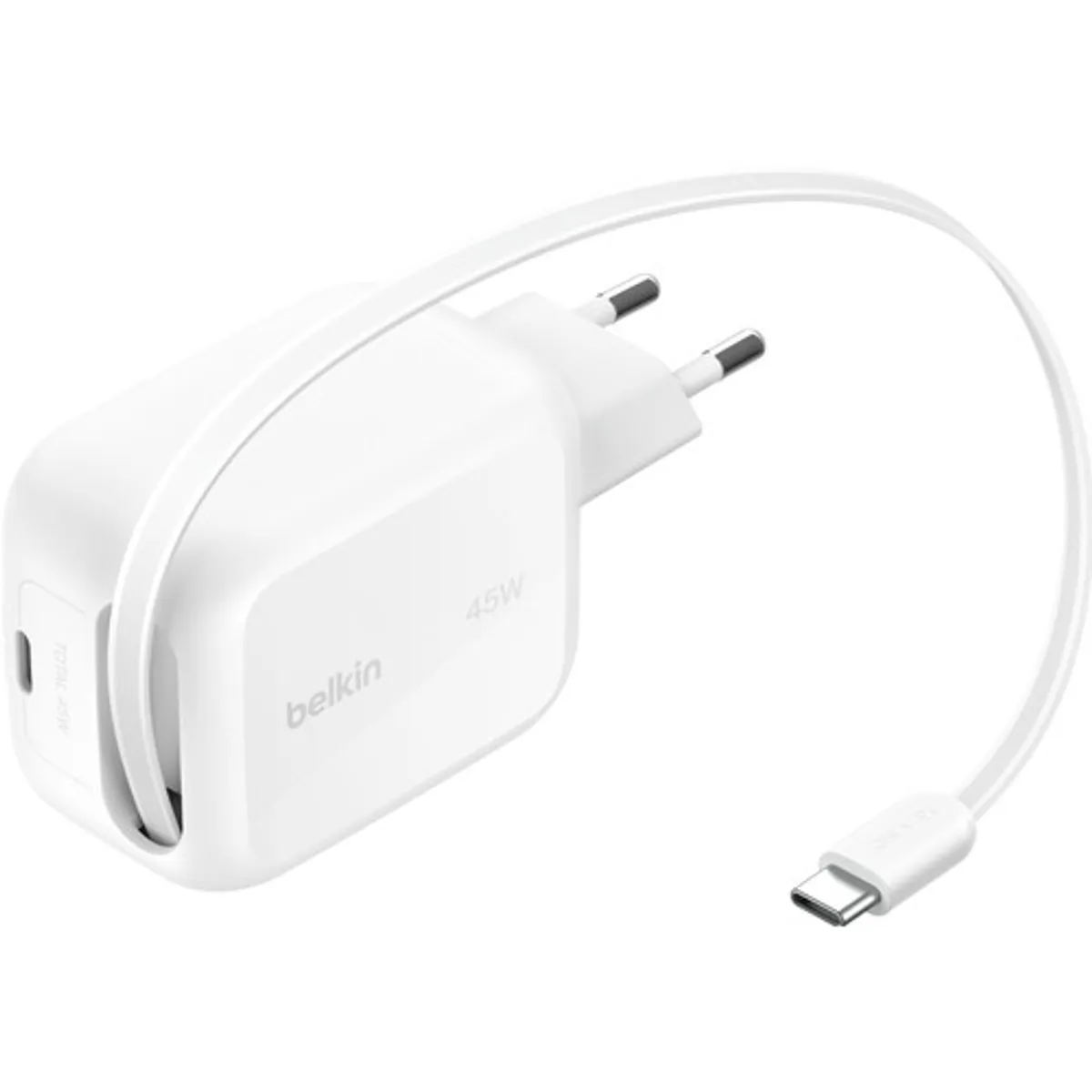Belkin BoostCharge Pro Oplader 45W Usb C Wit + Usb C Intrekbare Kabel 0,8m Kunststof Wit