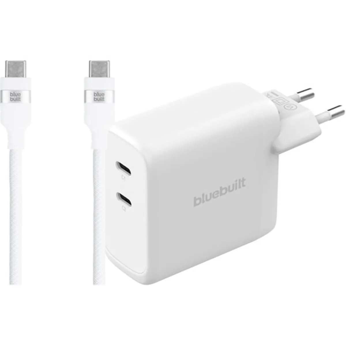 BlueBuilt 100W GaN Oplader met 2 Usb C Poorten Wit + BlueBuilt Usb C Kabel 240W 2m Nylon