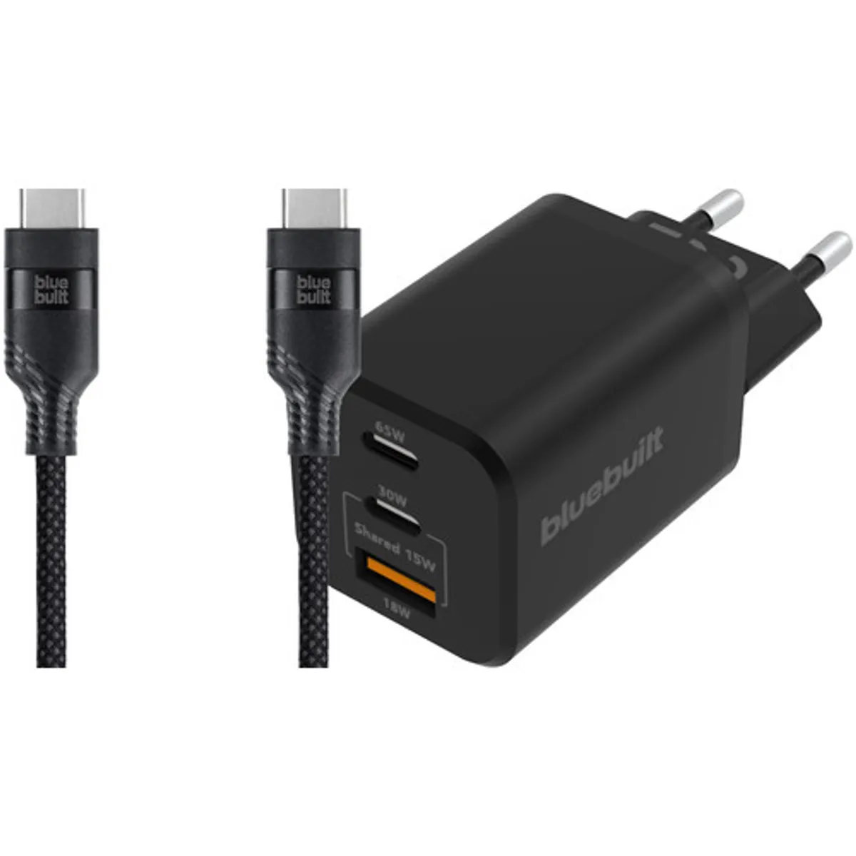 BlueBuilt Power Delivery Oplader 2 Usb C Poorten 65W + Usb C Kabel 1,5m Nylon Zwart