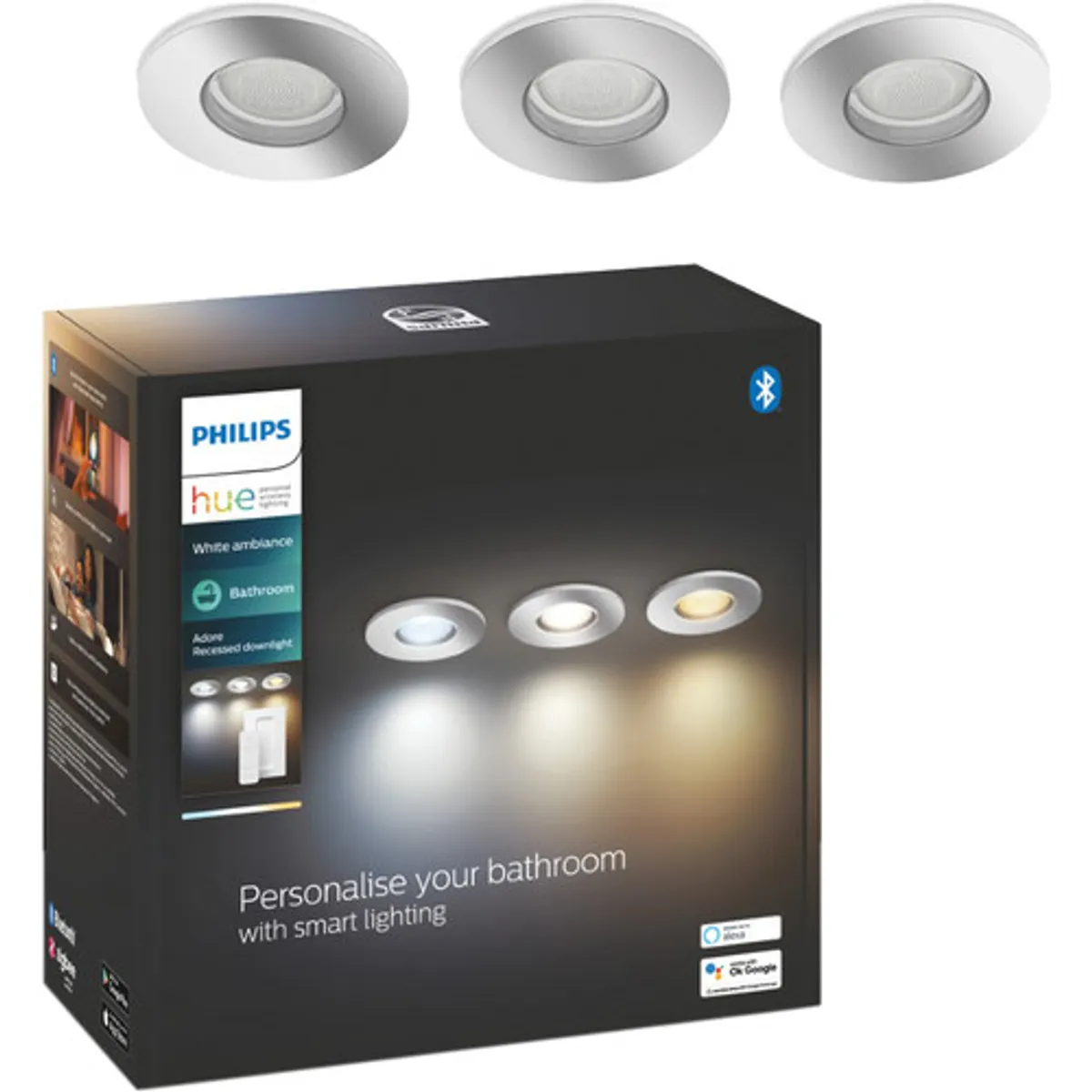 Philips Hue Adore badkamerinbouwspot White Ambiance - rond - Chroom 3-pack + dimmer