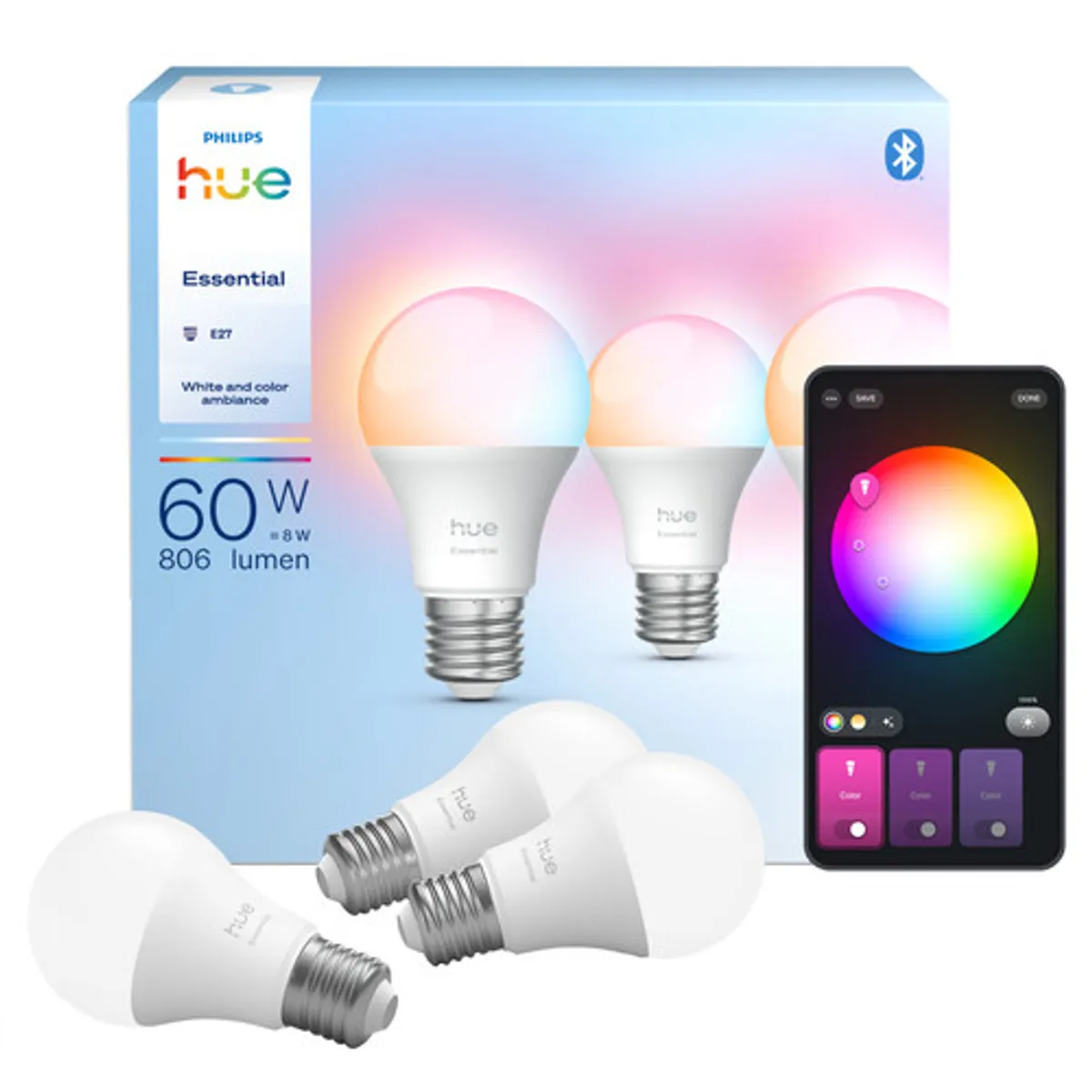 Philips Hue Essential A60 White and Color E27 3-pack
