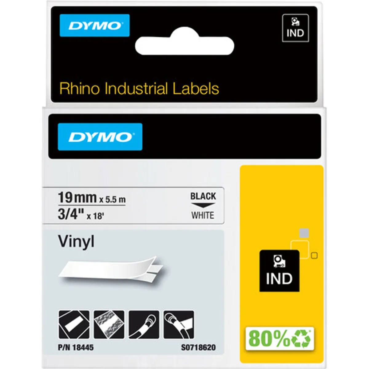 DYMO Rhino 19mm x 5,5m Zwart Wit Vinyl Labels