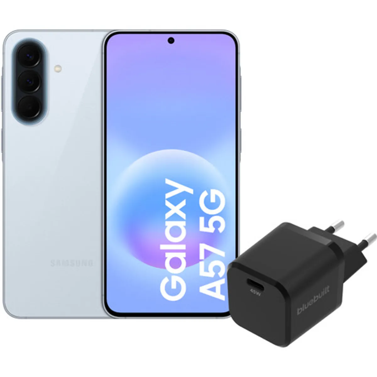 Samsung Galaxy A57 128GB Lichtblauw 5G + BlueBuilt Oplader met Usb C Poort 45W Zwart