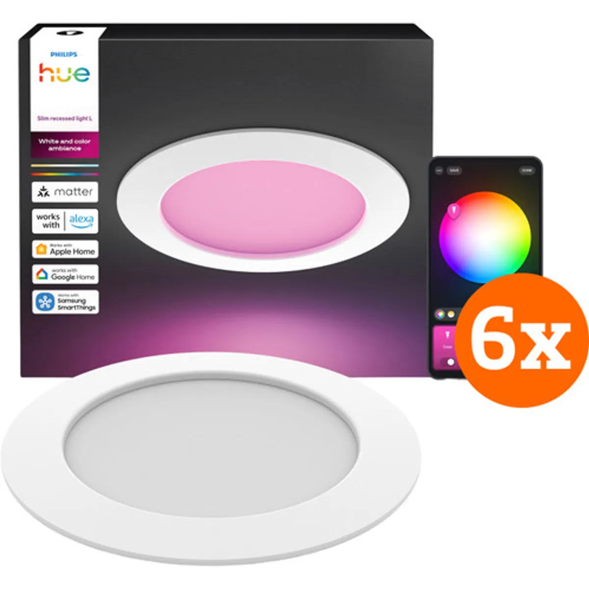 Philips Hue Inbouwspot Slim 6-Pack - White and Color - 170mm - Wit