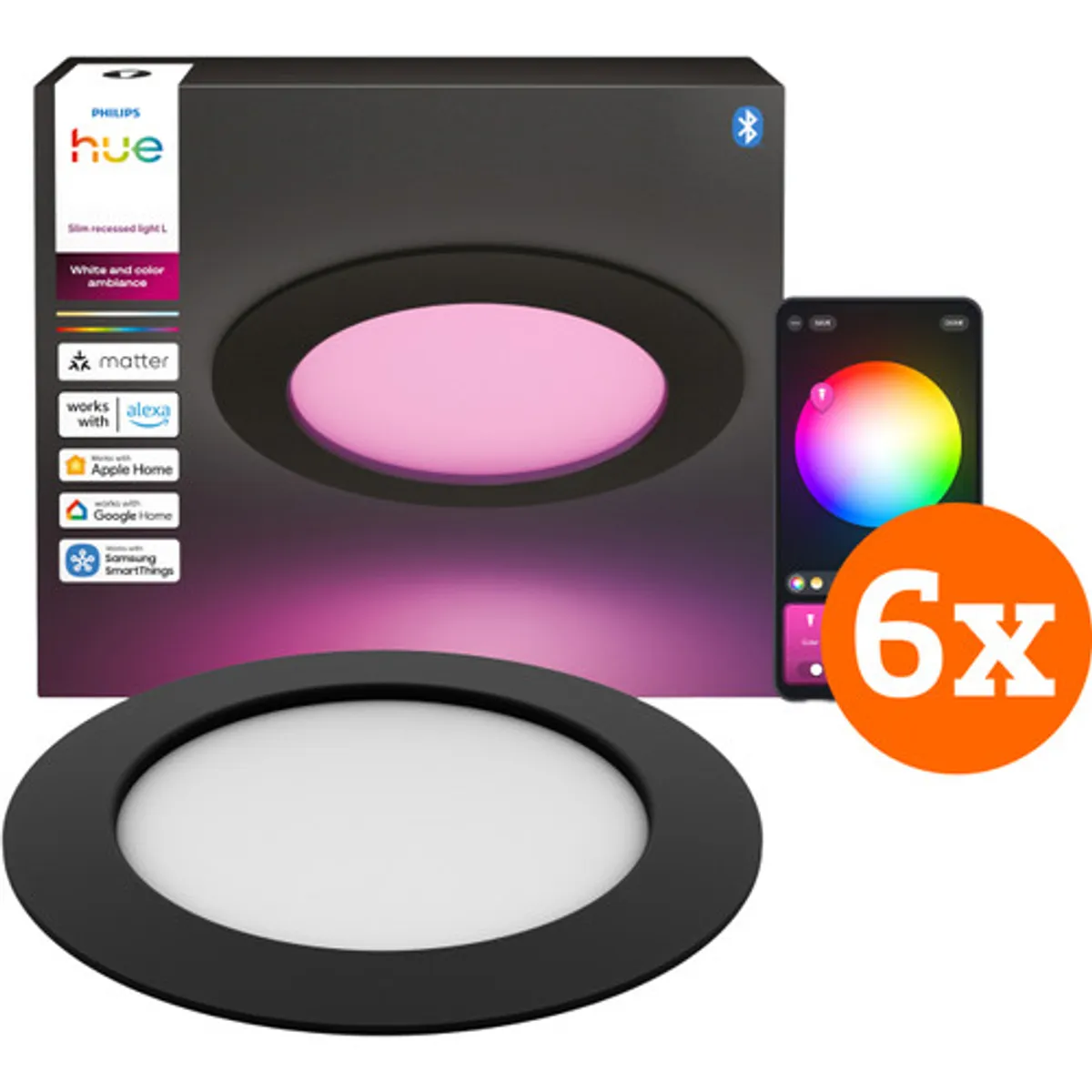 Philips Hue Inbouwspot Slim 6-Pack - White and Color - 170mm - Zwart