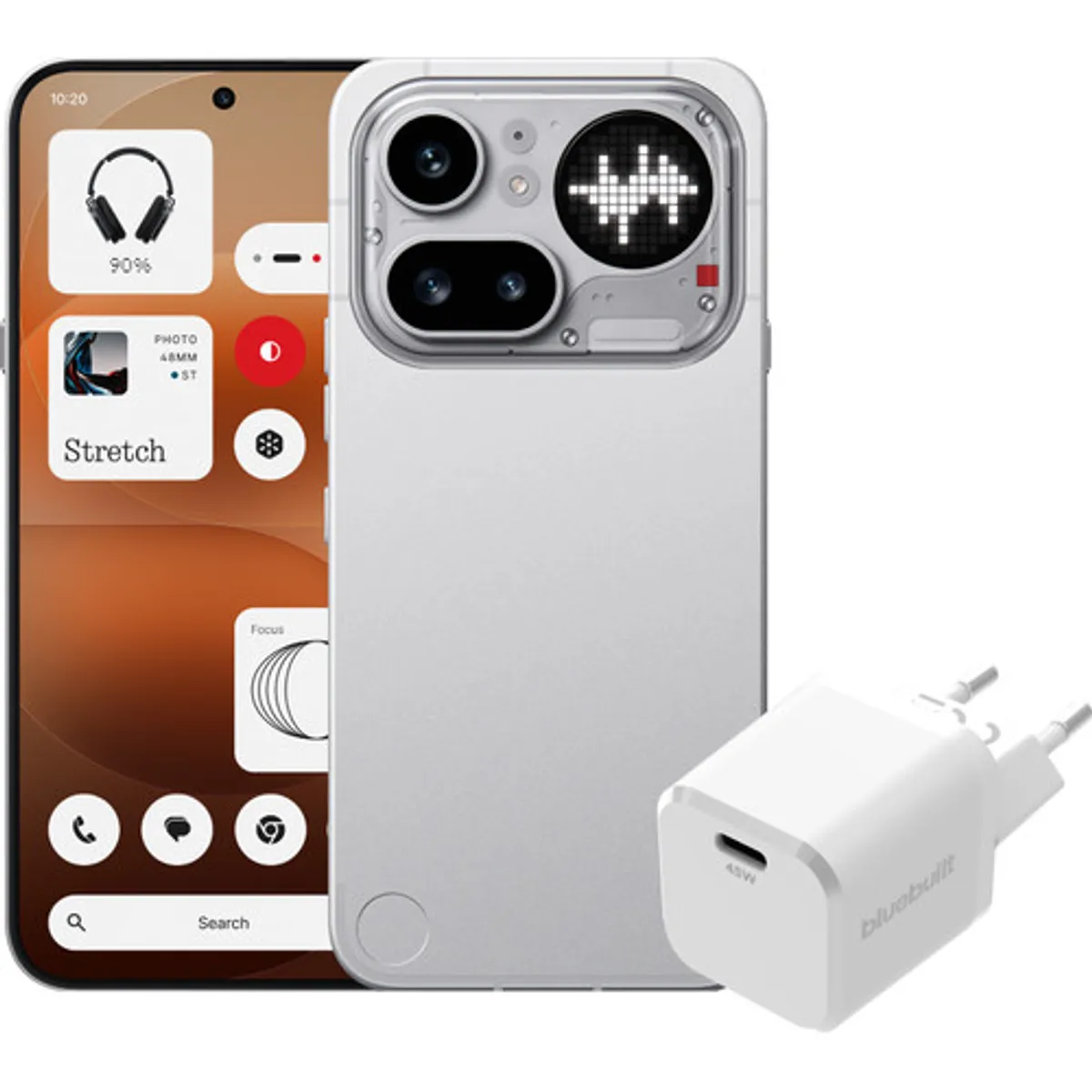 Nothing Phone (4a) Pro 256GB Zilver 5G + BlueBuilt Oplader met Usb C Poort 45W Wit